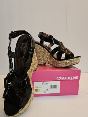 Madeline Black Patent Wedge Sandals with Braided Jute Platform 9.5 M NEW